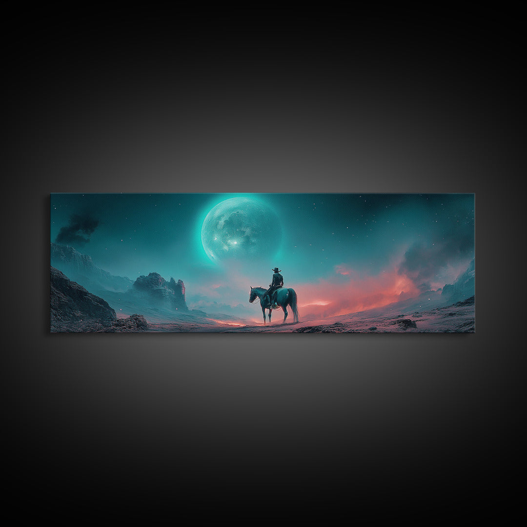 Moonlit Lone Rider In Teal Desert Wall Art, Fantasy Western Landscape Print, Moody Celestial Decor, Horse Lover Gift For Him