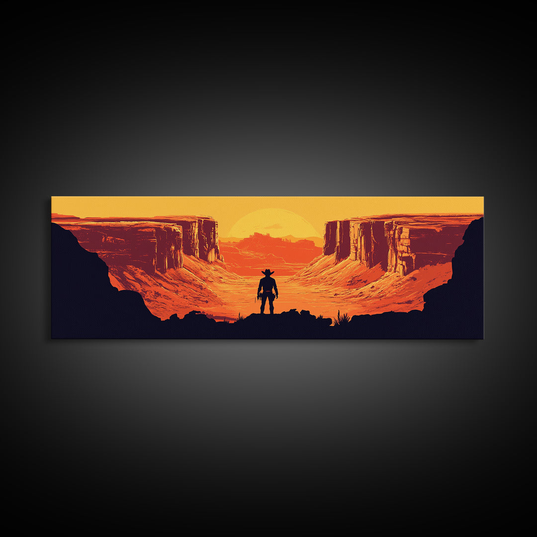 Cowboy Silhouette In Orange Desert Canyon Canvas Print, Retro Western Landscape, Southwestern Wall Decor, Man Cave Art Gift