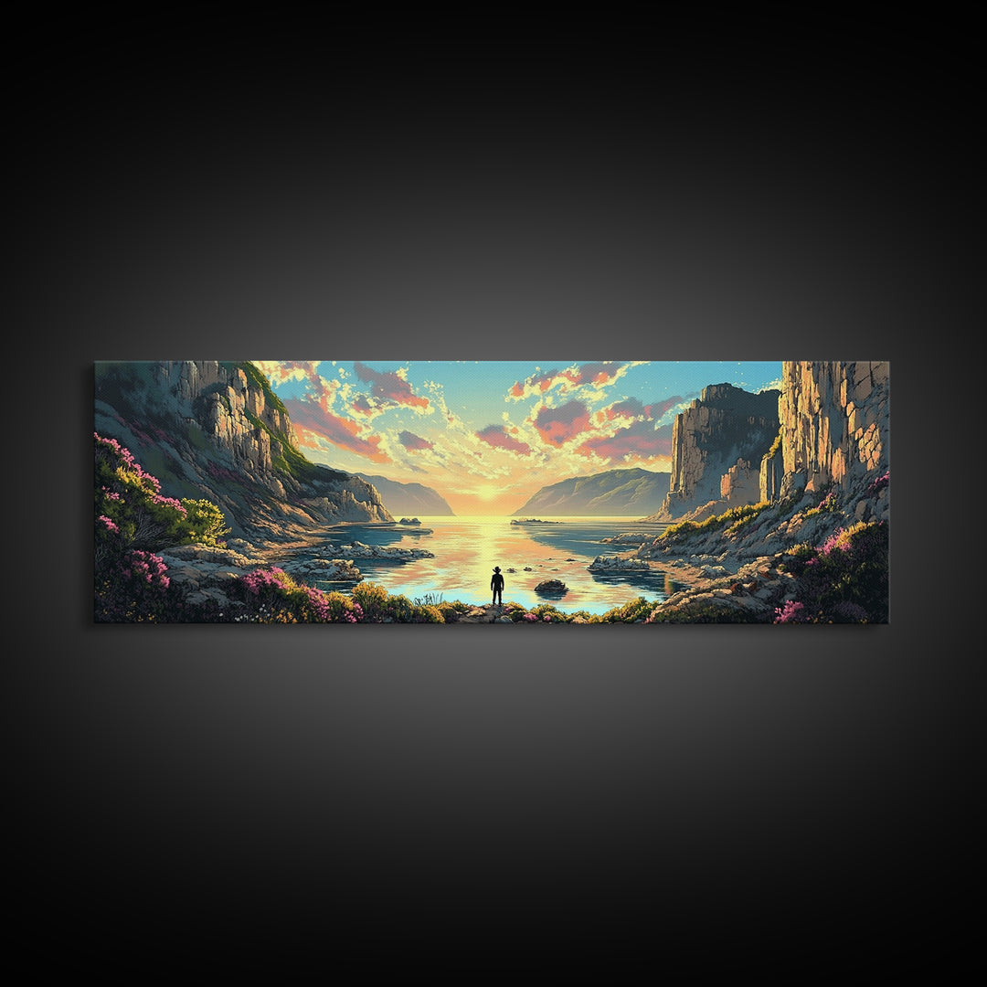 Lone Traveler At Golden Coastal Cliffs Framed Canvas Print, Serene Ocean Landscape, Panoramic Wall Decor For Living Room