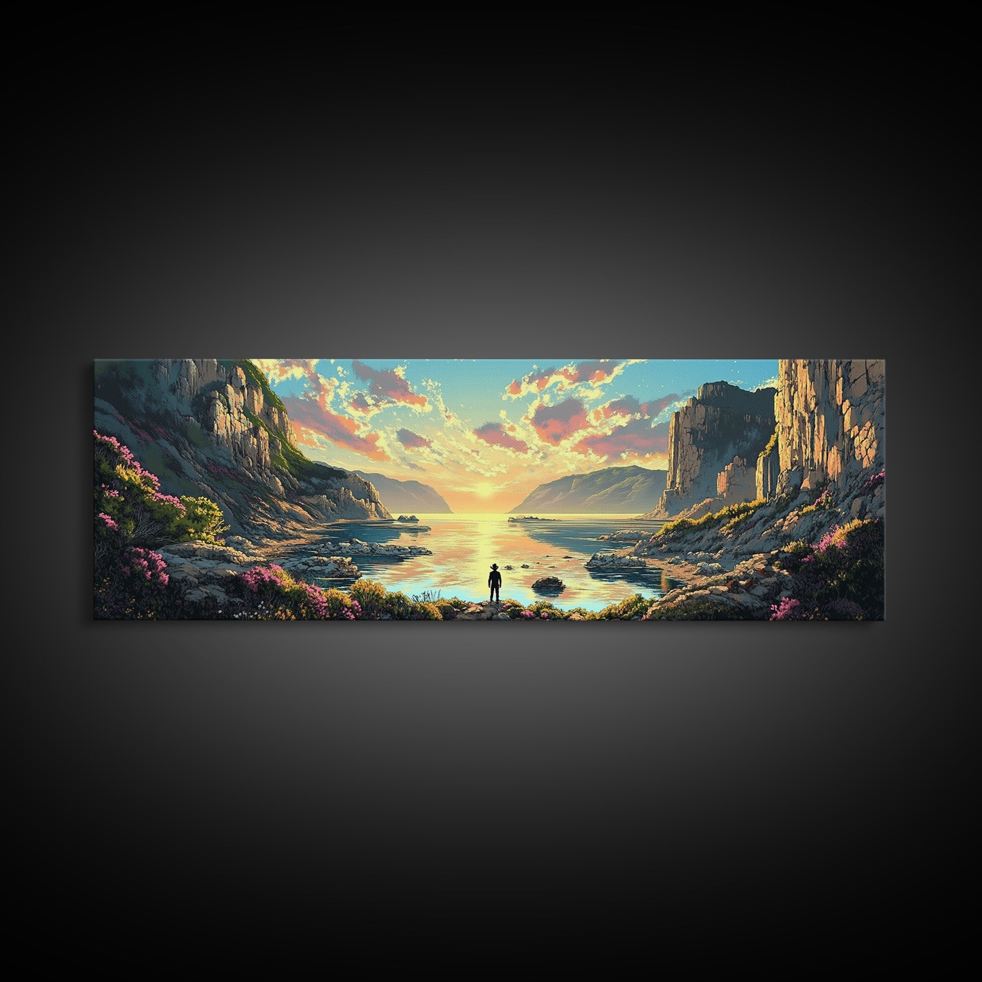 Lone Traveler At Golden Coastal Cliffs Framed Canvas Print, Serene Ocean Landscape, Panoramic Wall Decor For Living Room