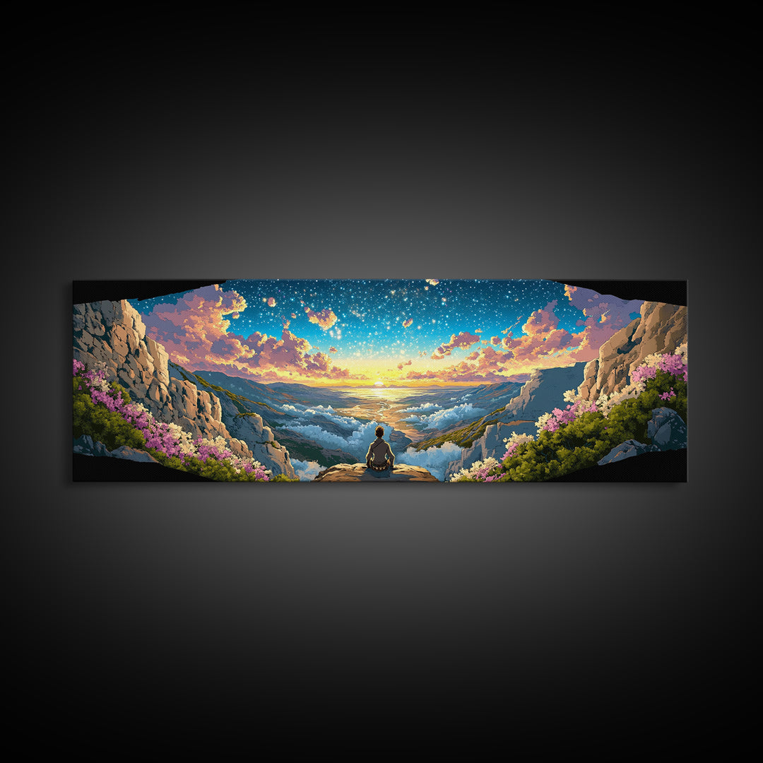 Meditating Figure Over Sunrise Mountain Valley Wall Art, Panoramic Fantasy Landscape Canvas Print For Living Room Decor Gift