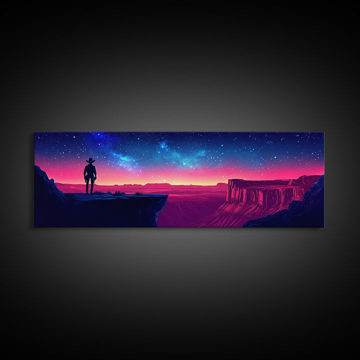 Antlered Traveler On Neon Desert Canyon Wall Art, Starry Night Western Fantasy Canvas Print For Game Room Decor, Housewarming Gift