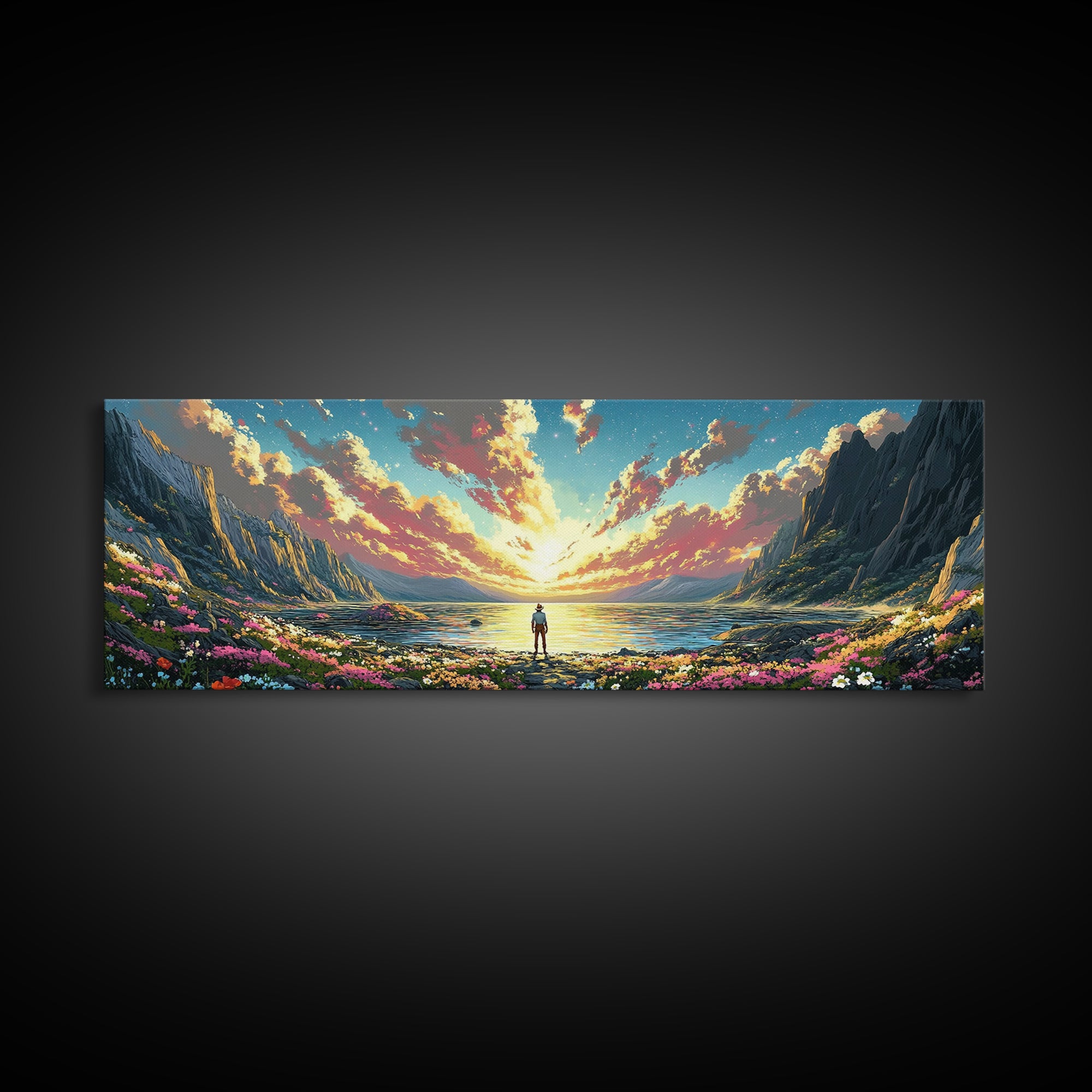 Lone Figure Beside Flowered Alpine Lake Wall Art, Panoramic Mountain Landscape Canvas Print For Bedroom Wall Decor Housewarming Gift