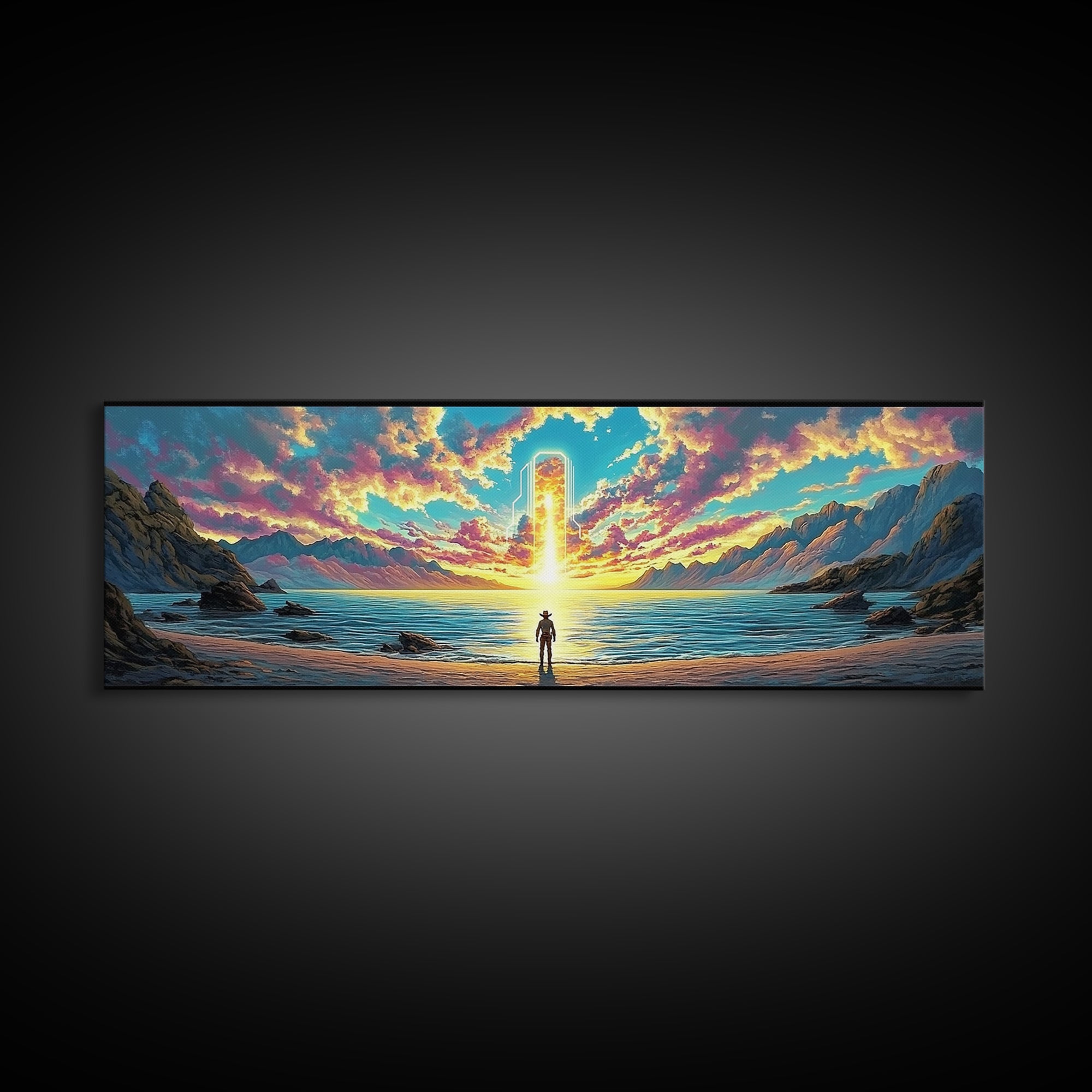 Glowing Portal Over Sunrise Ocean Shore Wall Art, Surreal Mountain Landscape Framed Canvas Print For Modern Living Room Decor