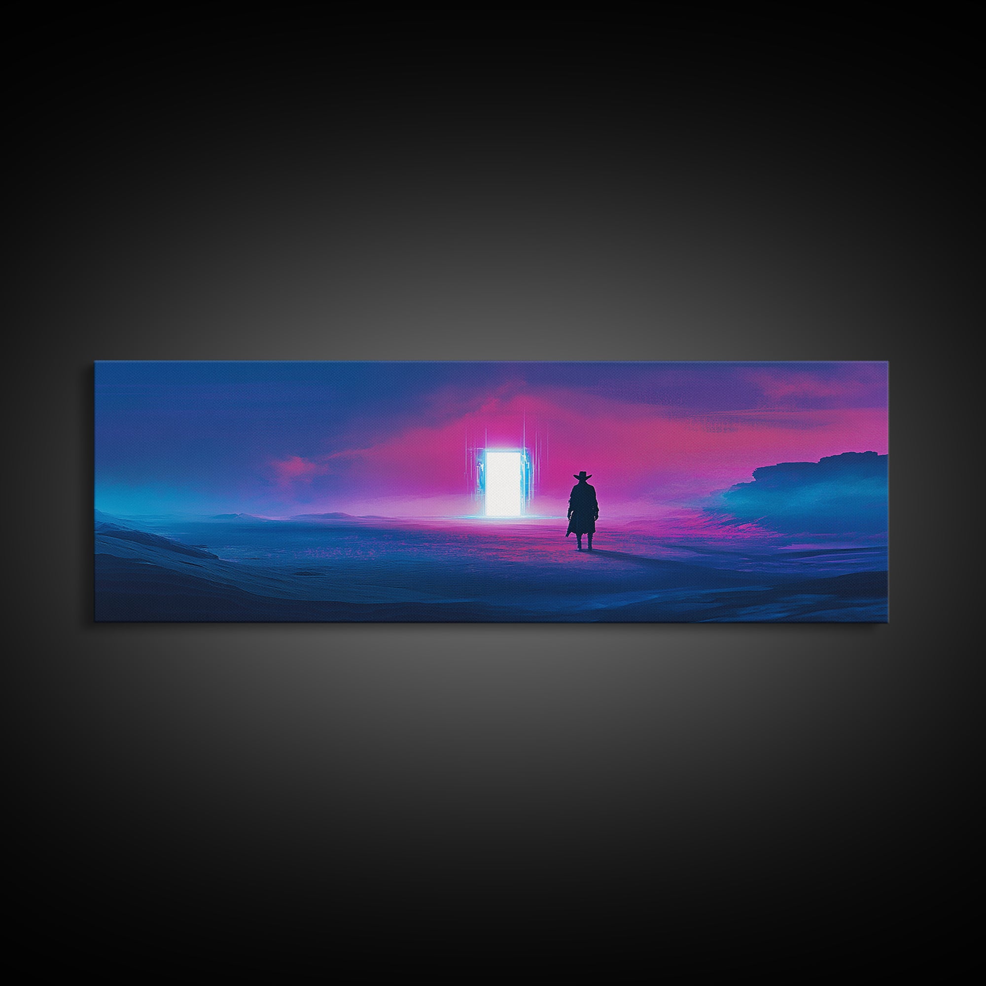 Cowboy Silhouette Facing Neon Ocean Portal Wall Art, Cyberpunk Western Landscape Canvas Print For Man Cave Wall Decor Gift