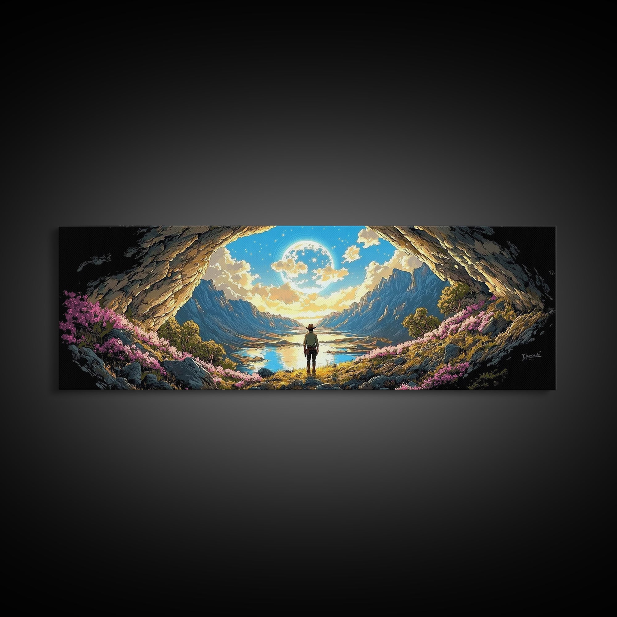 Adventurer In Moonlit Cave Opening Wall Art, Panoramic Alpine Lake Landscape Canvas Print For Fantasy Bedroom Decor Gift