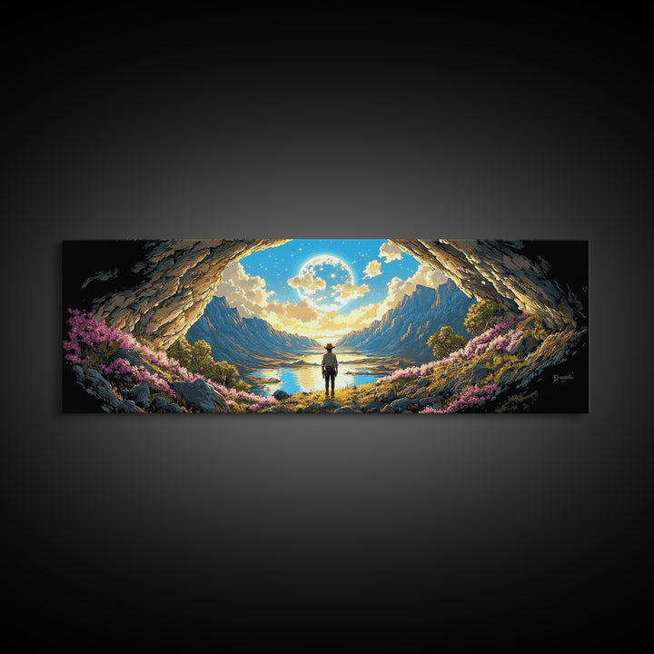 Adventurer In Moonlit Cave Opening Wall Art, Panoramic Alpine Lake Landscape Canvas Print For Fantasy Bedroom Decor Gift