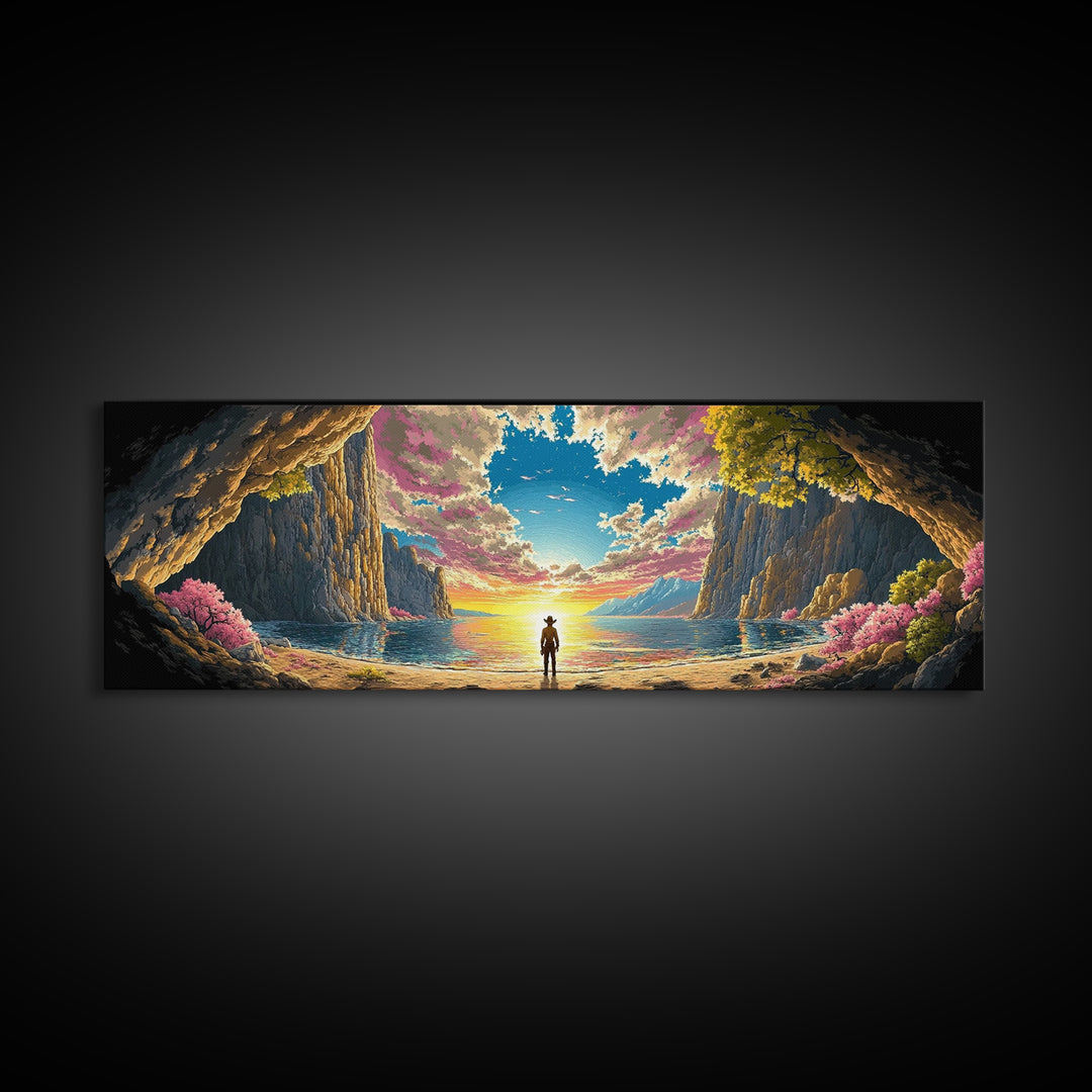 Lone Figure In Sunlit Coastal Cave Wall Art, Dramatic Panoramic Seascape Landscape Canvas Print For Beach House Living Room Decor Gift