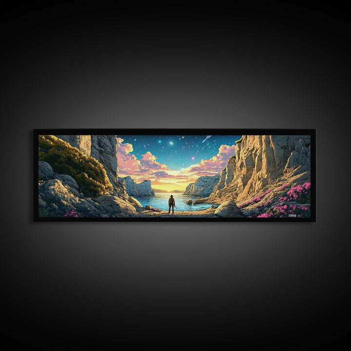 Explorer At Rocky Starlit Sea Cove Large Wall Art, Panoramic Coastal Landscape Canvas Print For Living Room Wall Decor Gift