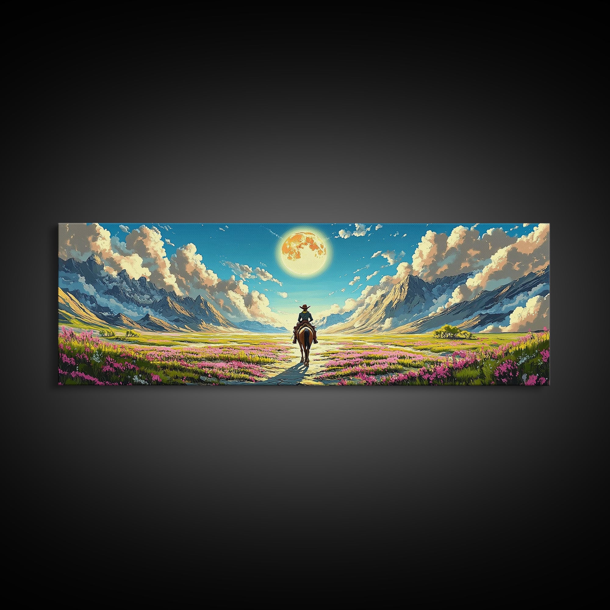 Cowboy Riding Through Moonlit Flower Valley Wall Art, Western Mountain Landscape Framed Canvas Print For Rustic Home Decor Gift