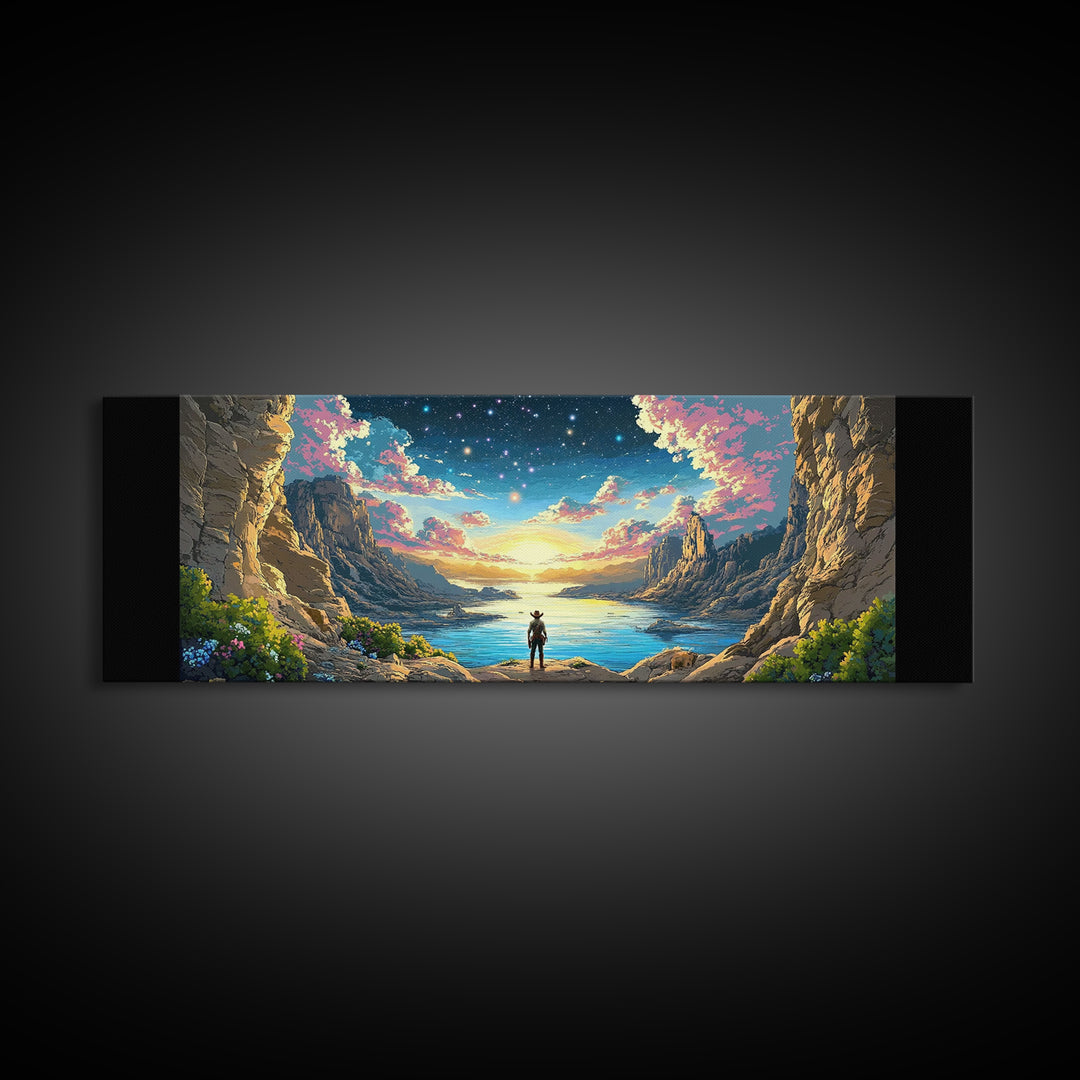 Starry Canyon Lake Cowboy Wall Art, Western Landscape Canvas Print, Sci Fi Desert Decor, Panoramic Living Room Art, Home Decor