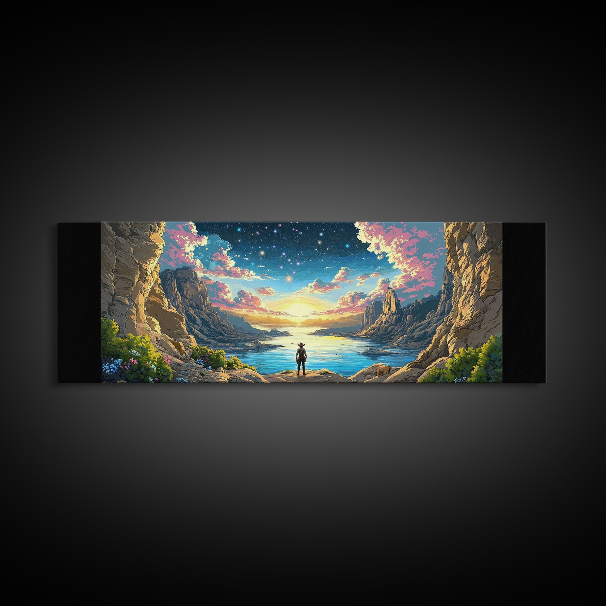Starry Canyon Lake Cowboy Wall Art, Western Landscape Canvas Print, Sci Fi Desert Decor, Panoramic Living Room Art, Home Decor