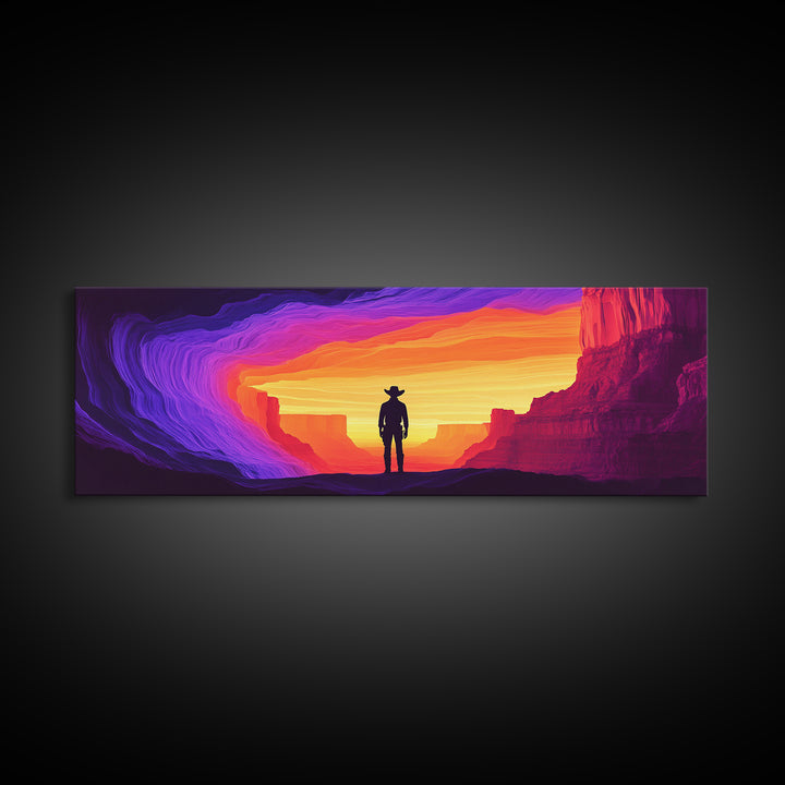 Neon Sunset Cowboy Canyon Wall Art, Western Desert Canvas Print, Vibrant Southwestern Decor, Panoramic Man Cave Art, Home Decor