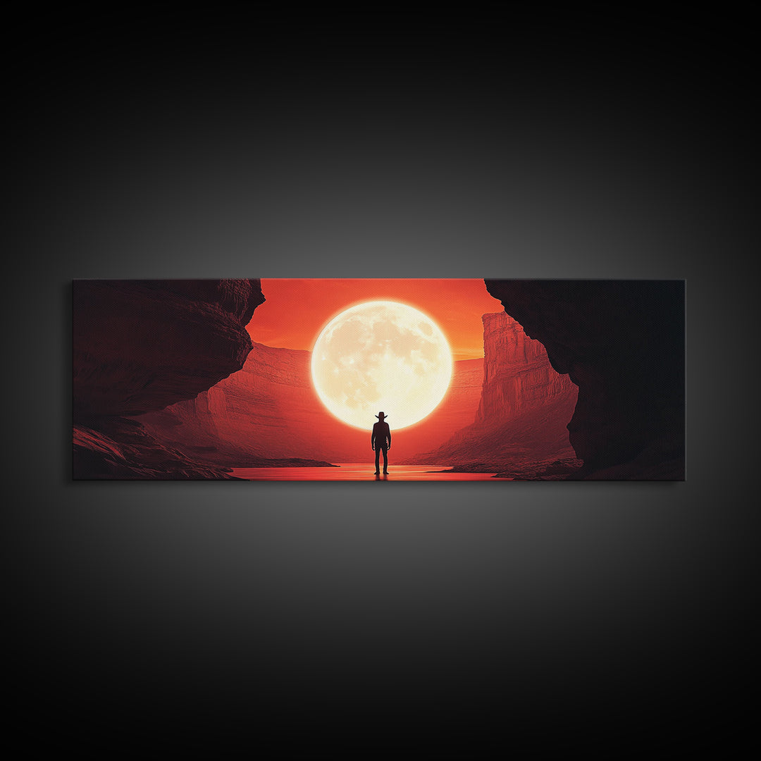 Full Moon Cowboy Cave Wall Art, Red Desert Framed Canvas Print, Western Sci Fi Decor, Panoramic Bedroom Wall Decor, Home Decor