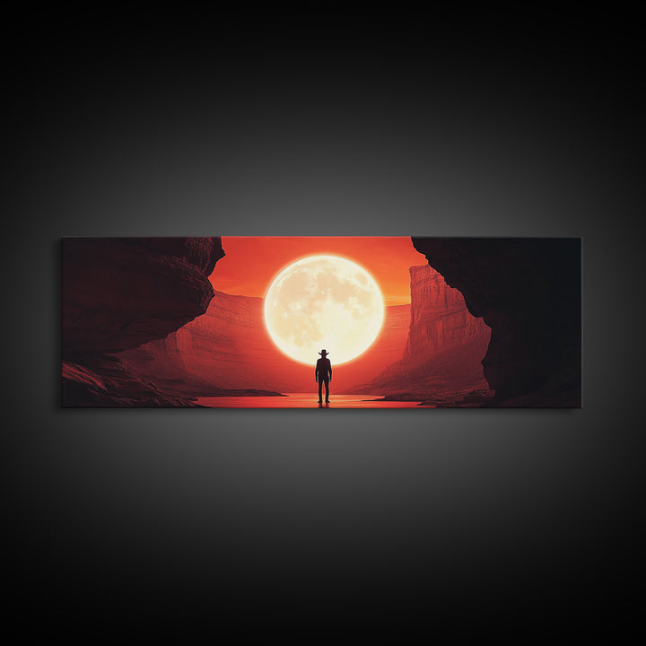 Full Moon Cowboy Cave Wall Art, Red Desert Framed Canvas Print, Western Sci Fi Decor, Panoramic Bedroom Wall Decor, Home Decor