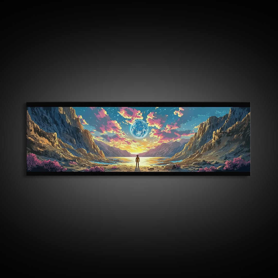 Alien Moon Mountain Valley Wall Art, Fantasy Landscape Canvas Print, Celestial Sci Fi Decor, Panoramic Living Room Art, Home Decor