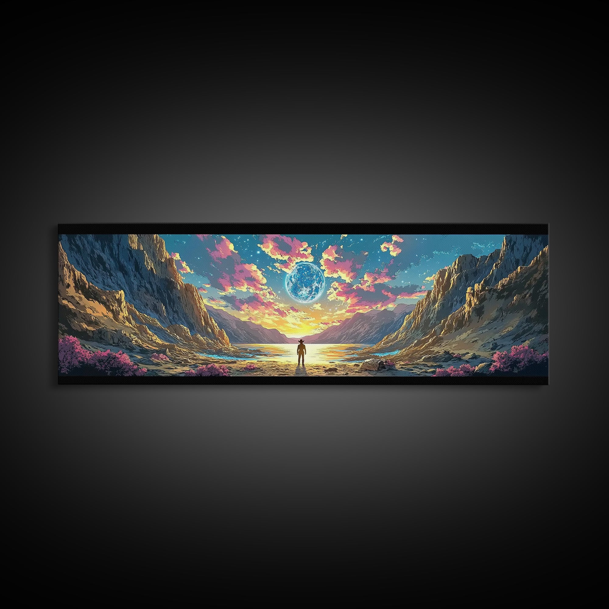 Alien Moon Mountain Valley Wall Art, Fantasy Landscape Canvas Print, Celestial Sci Fi Decor, Panoramic Living Room Art, Home Decor