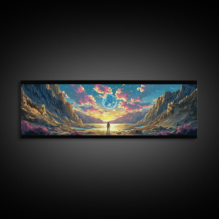 Alien Moon Mountain Valley Wall Art, Fantasy Landscape Canvas Print, Celestial Sci Fi Decor, Panoramic Living Room Art, Home Decor