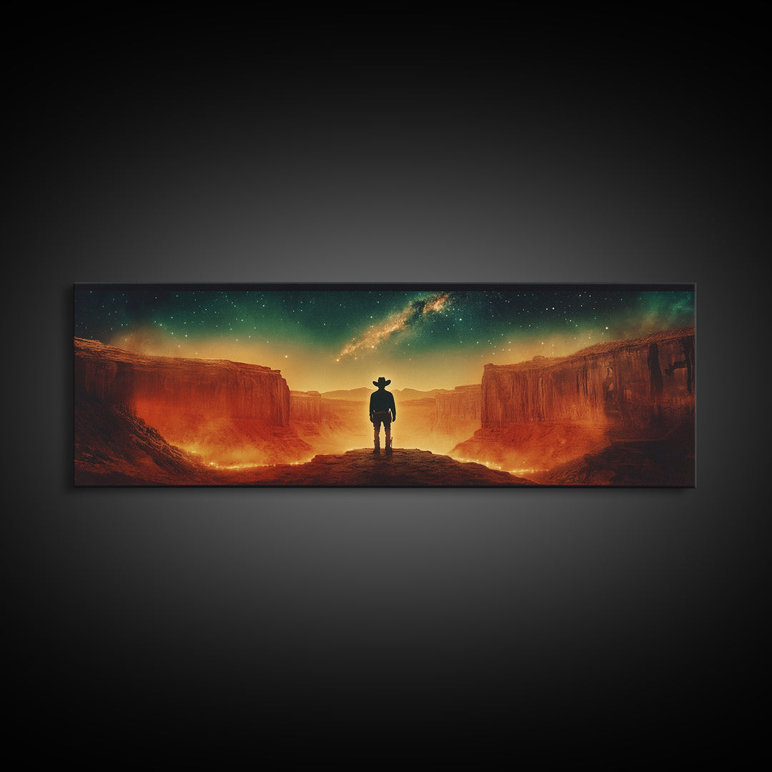 Milky Way Canyon Cowboy Wall Art, Western Desert Canvas Print, Sci Fi Night Sky Decor, Panoramic Office Decor Living Room Art