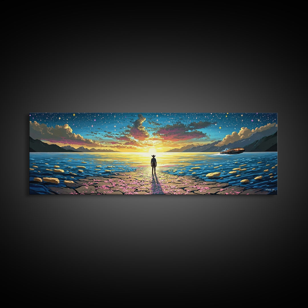 Starry Ocean Horizon Cowboy Wall Art, Coastal Sci Fi Canvas Print, Blue Seascape Decor, Panoramic Fantasy Landscape Art, Home Decor