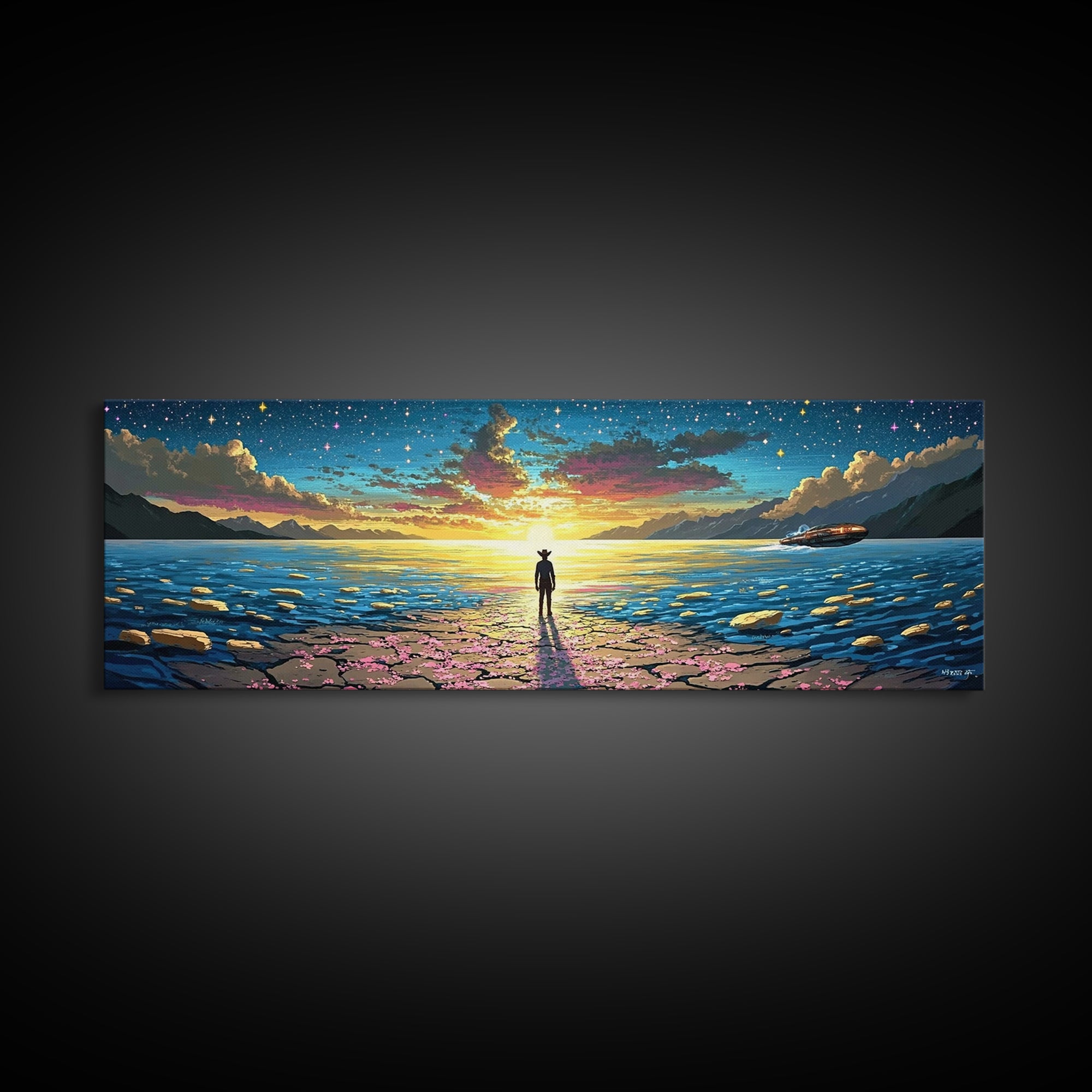 Starry Ocean Horizon Cowboy Wall Art, Coastal Sci Fi Canvas Print, Blue Seascape Decor, Panoramic Fantasy Landscape Art, Home Decor