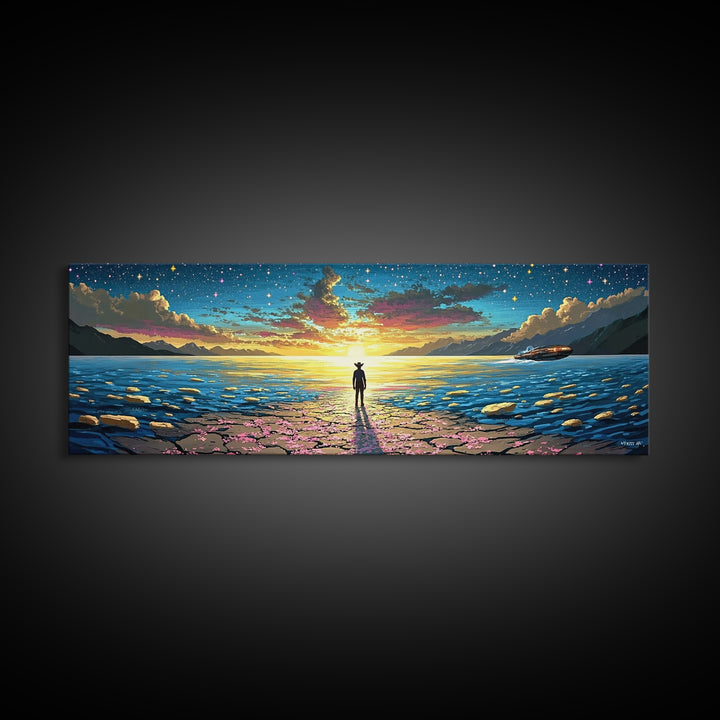 Starry Ocean Horizon Cowboy Wall Art, Coastal Sci Fi Canvas Print, Blue Seascape Decor, Panoramic Fantasy Landscape Art, Home Decor