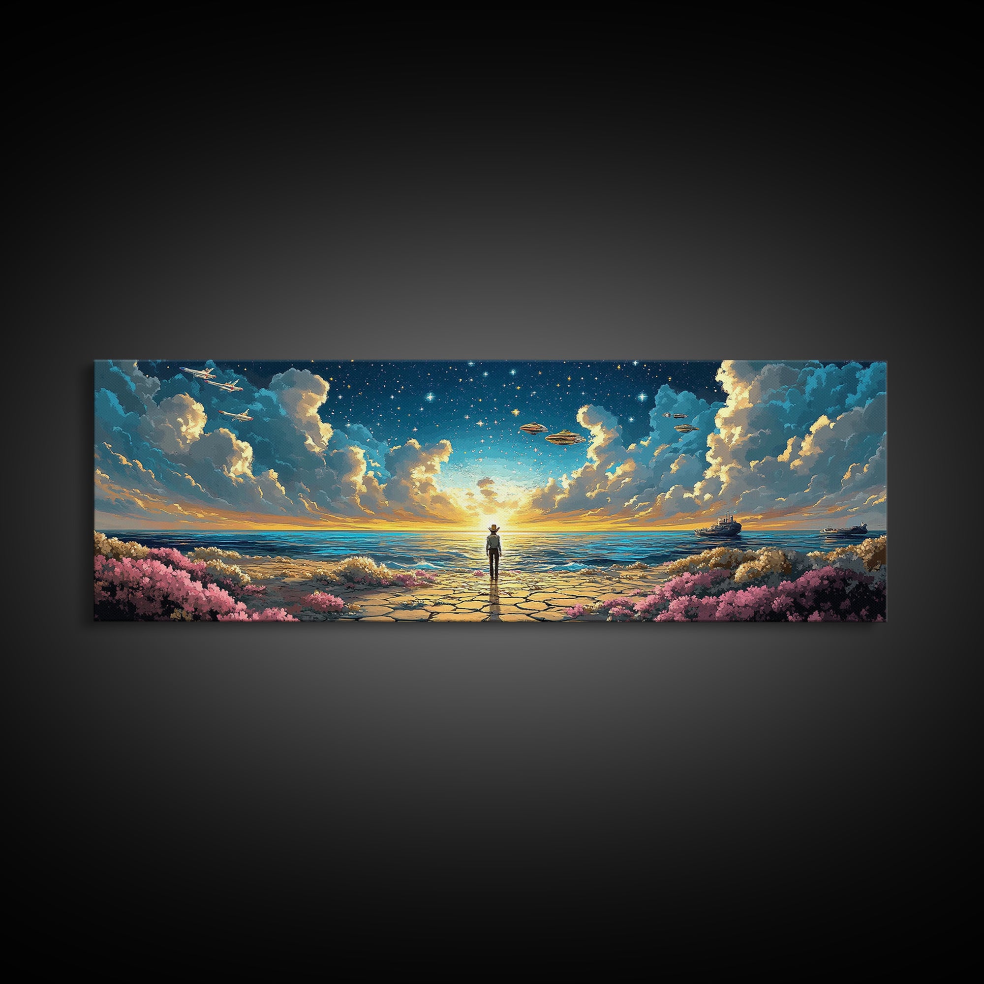 Ufo Seaside Sunrise Cowboy Wall Art, Coastal Sci Fi Canvas Print, Starry Ocean Decor, Panoramic Fantasy Living Room Art, Home Decor