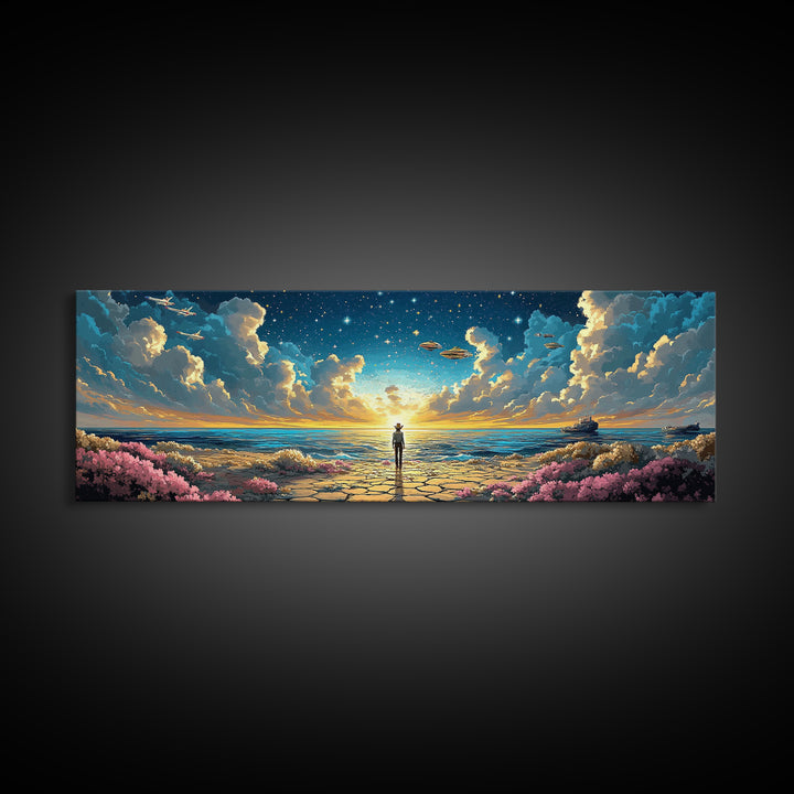Ufo Seaside Sunrise Cowboy Wall Art, Coastal Sci Fi Canvas Print, Starry Ocean Decor, Panoramic Fantasy Living Room Art, Home Decor
