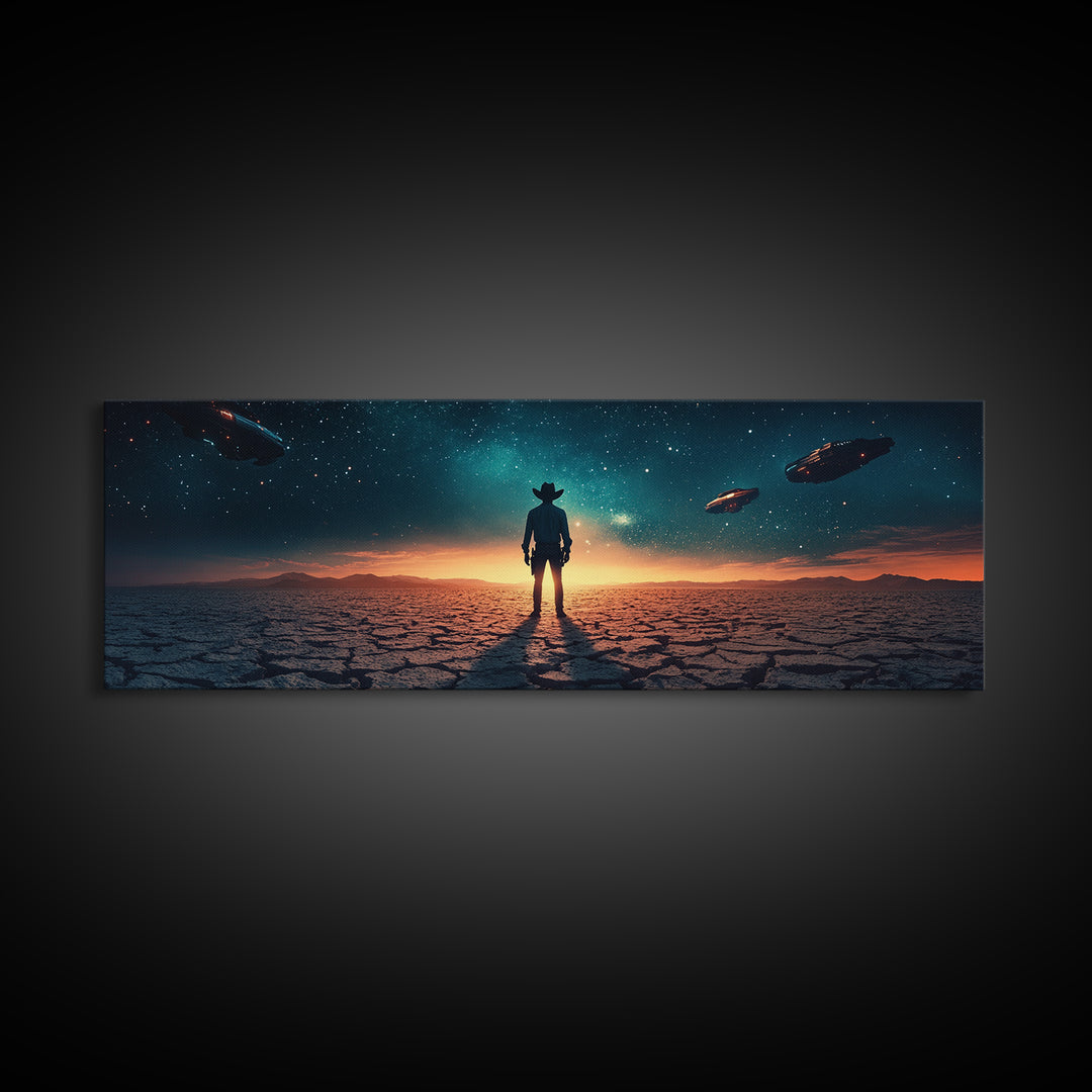 Ufo Desert Wanderer Cowboy Wall Art, Sci Fi Western Canvas Print, Alien Landscape Decor, Panoramic Man Cave Office Art, Home Decor