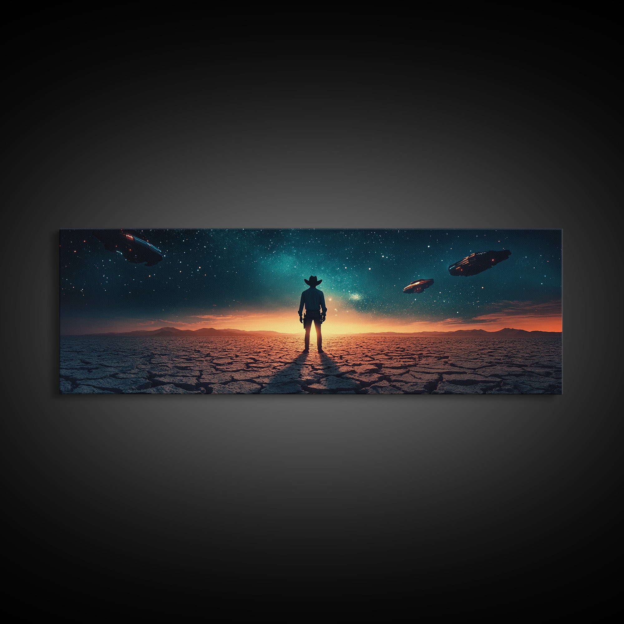 Ufo Desert Wanderer Cowboy Wall Art, Sci Fi Western Canvas Print, Alien Landscape Decor, Panoramic Man Cave Office Art, Home Decor