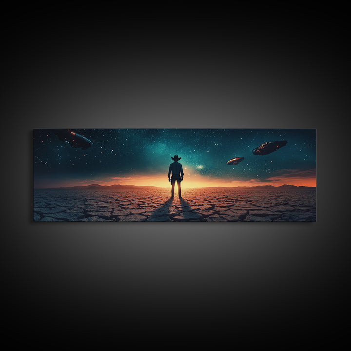Ufo Desert Wanderer Cowboy Wall Art, Sci Fi Western Canvas Print, Alien Landscape Decor, Panoramic Man Cave Office Art, Home Decor