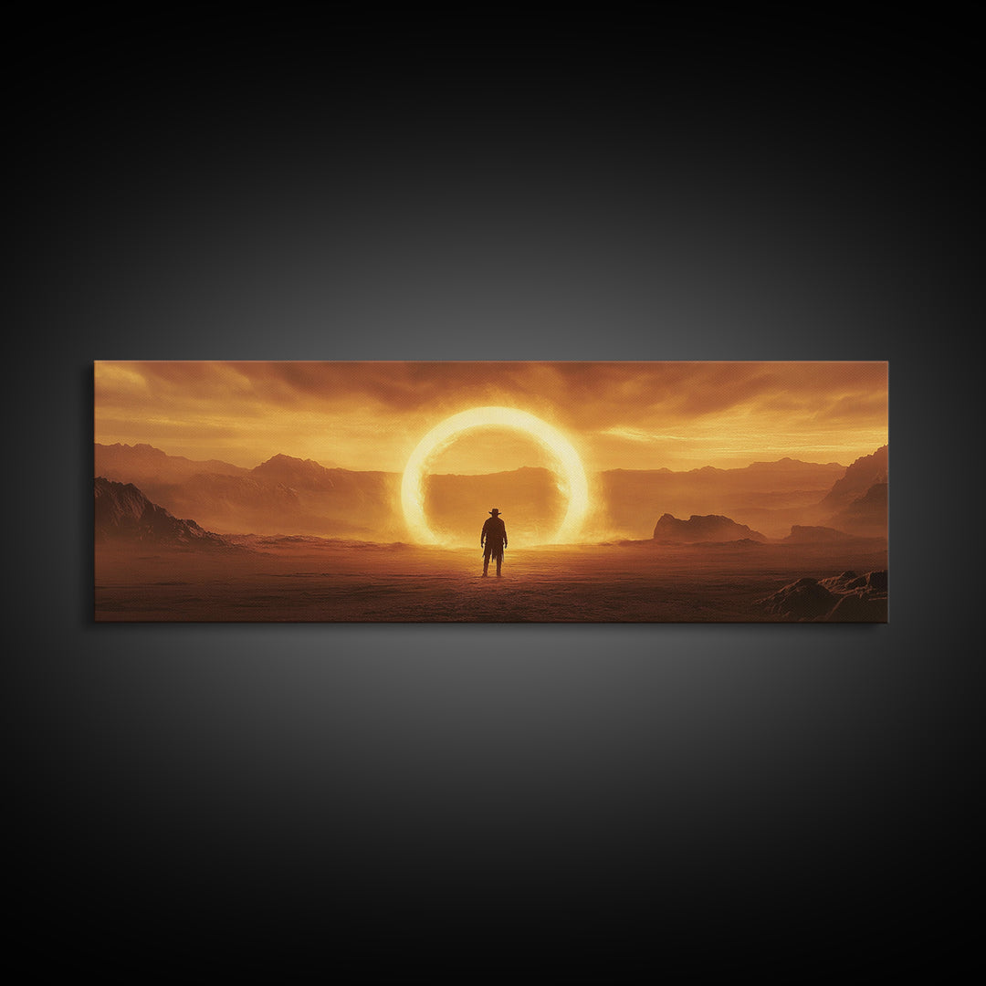 Golden Eclipse Cowboy Desert Wall Art, Western Sci Fi Canvas Print, Surreal Landscape Decor, Panoramic Living Room Art, Home Decor