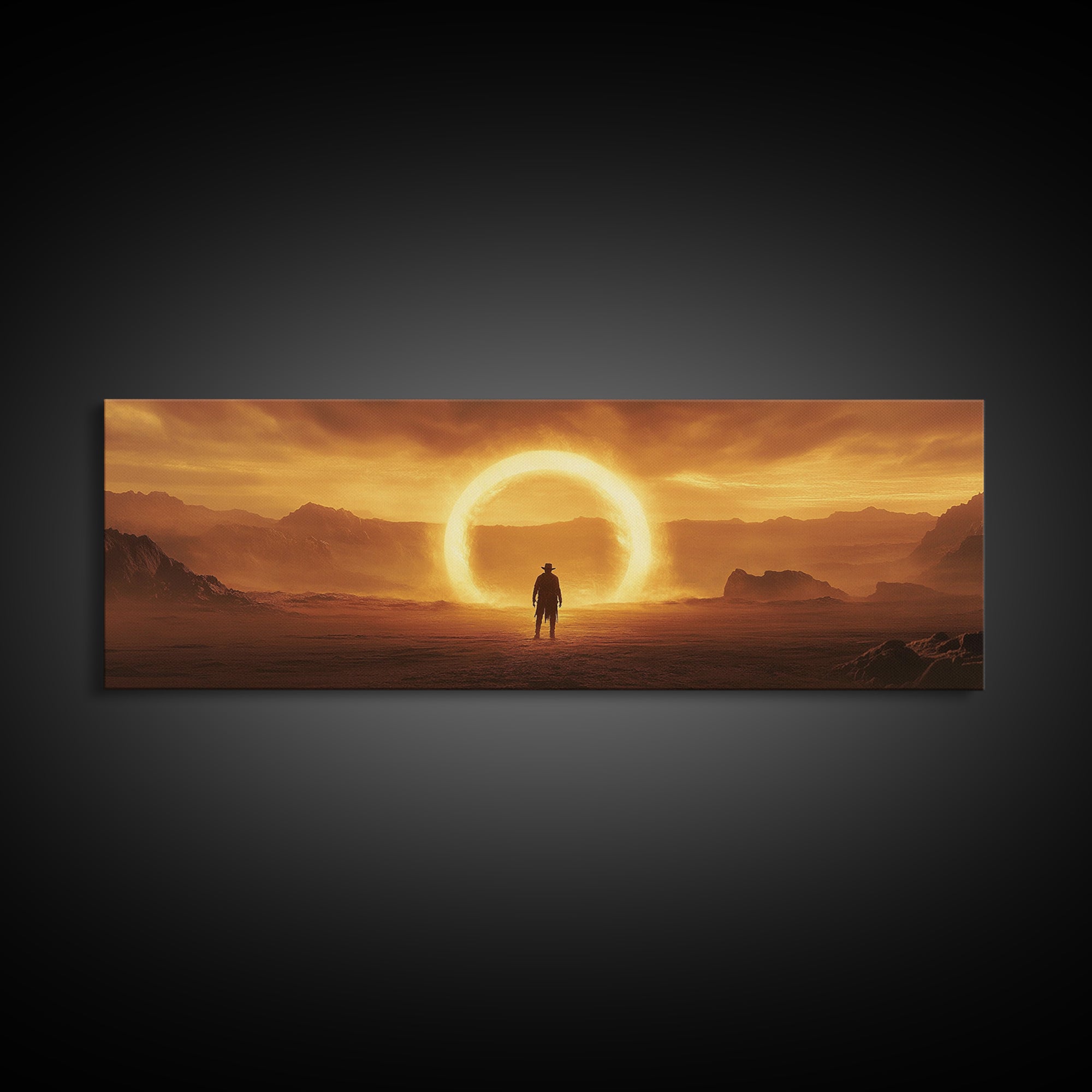 Golden Eclipse Cowboy Desert Wall Art, Western Sci Fi Canvas Print, Surreal Landscape Decor, Panoramic Living Room Art, Home Decor