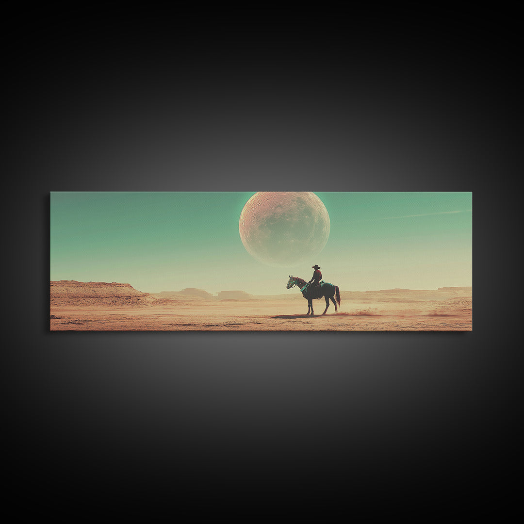 Lone Cowboy Under Giant Moon Wall Art, Western Desert Landscape Canvas, Panoramic Southwestern Decor, Living Room Decor, Gift For Him