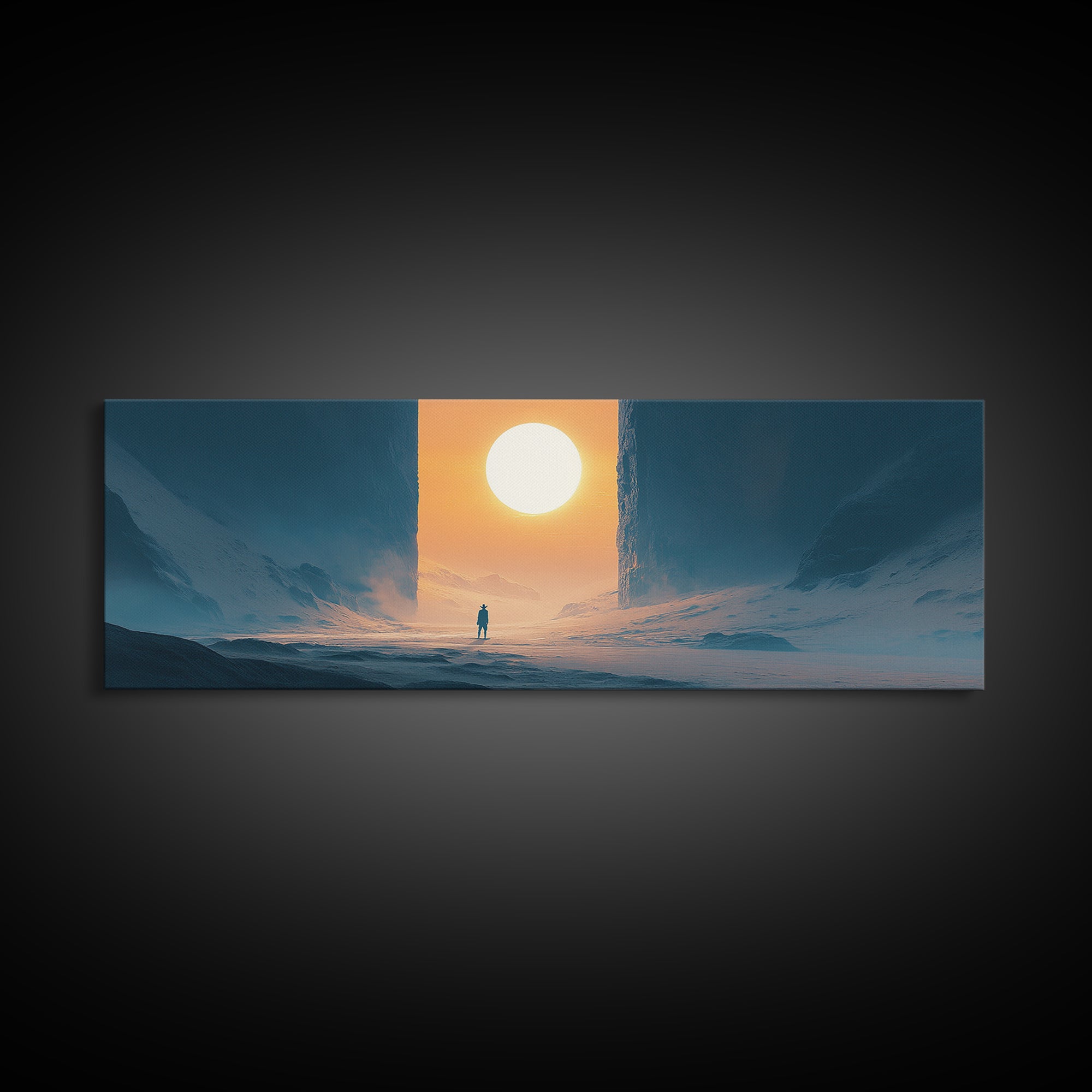 Solitary Figure Before Giant Sun Canvas Print, Futuristic Icy Landscape Wall Decor, Sci Fi Minimalist Art, Modern Office Decor