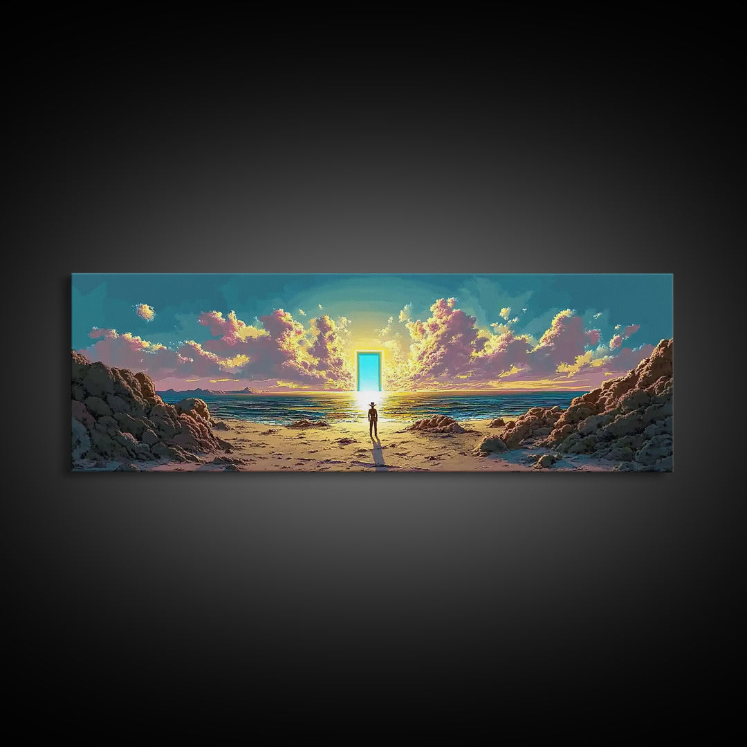 Glowing Doorway On Rocky Beach Wall Art, Surreal Ocean Sunset Canvas, Coastal Fantasy Decor, Mystical Living Room Art Print
