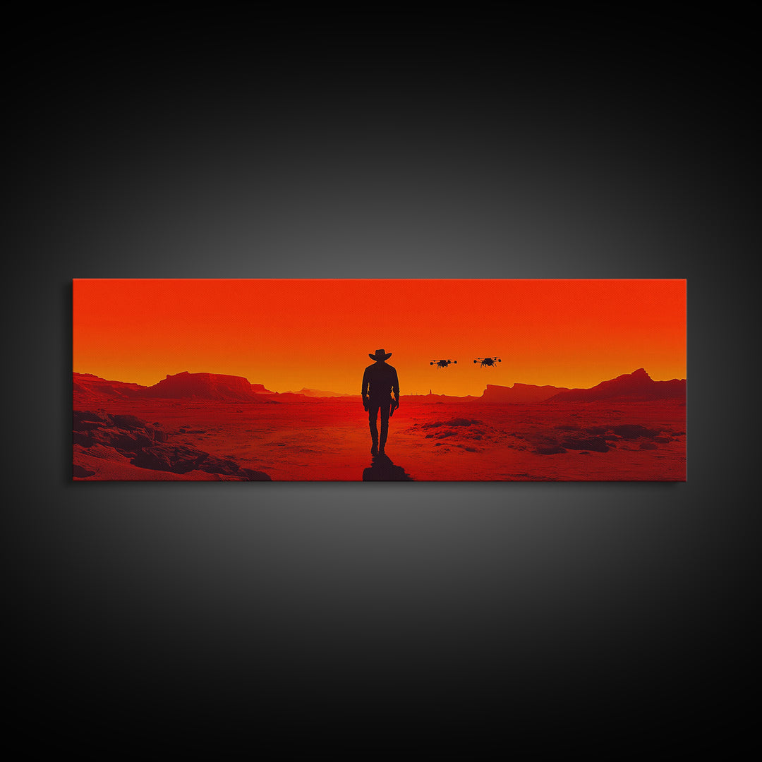 Cowboy Silhouette In Red Desert Sunset Wall Art, Western Sci Fi Landscape Canvas, Bold Southwestern Decor For Man Cave Wall Decor