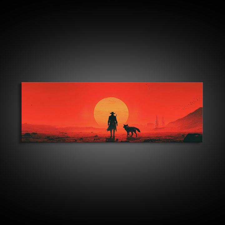 Red Sci Fi Cowboy And Dog Sunset Wall Art, Western Desert Landscape, Futuristic Dystopian Decor, Large Man Cave Gift Print