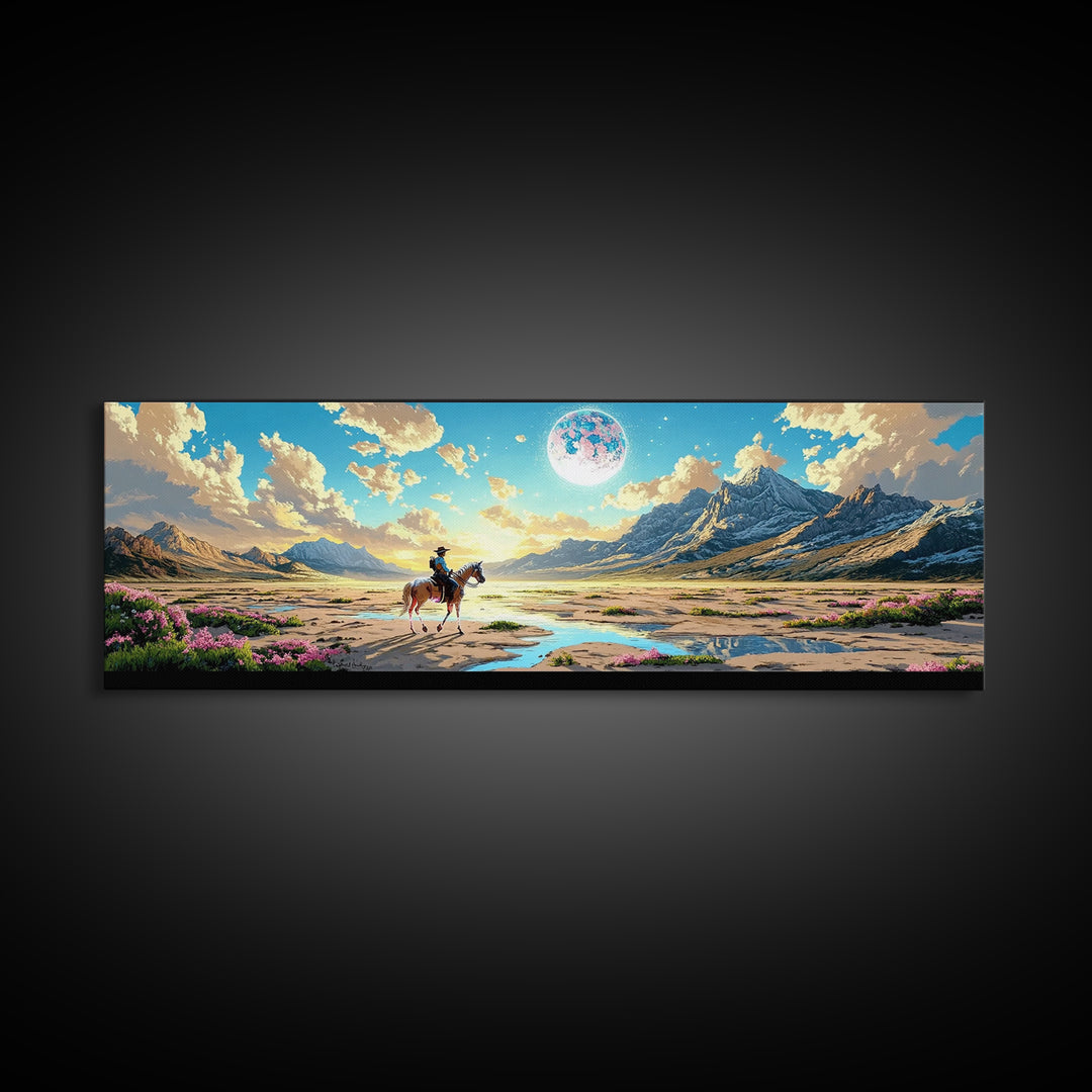 Lone Horse Rider Under Moon Canvas Print, Mountain Landscape Art, Western Wall Decor, Large Living Room Home Decor Gift Print