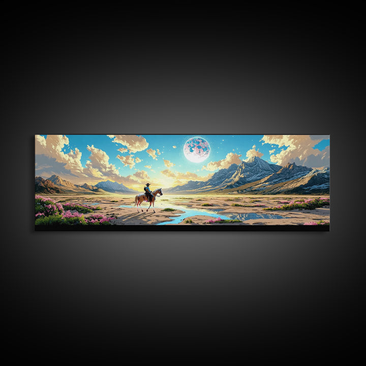 Lone Horse Rider Under Moon Canvas Print, Mountain Landscape Art, Western Wall Decor, Large Living Room Home Decor Gift Print