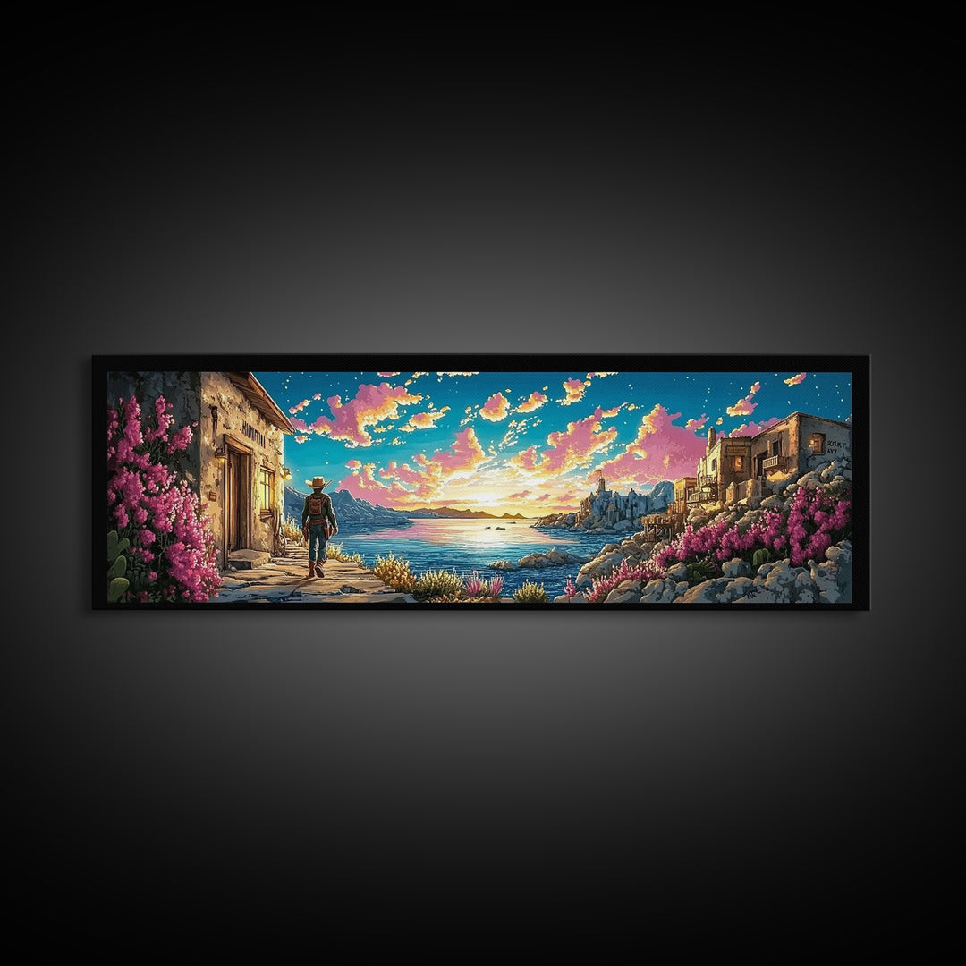 Cowboy Walking Through Coastal Village Wall Art, Mediterranean Seascape Print, Colorful Travel Poster, Living Room Decor
