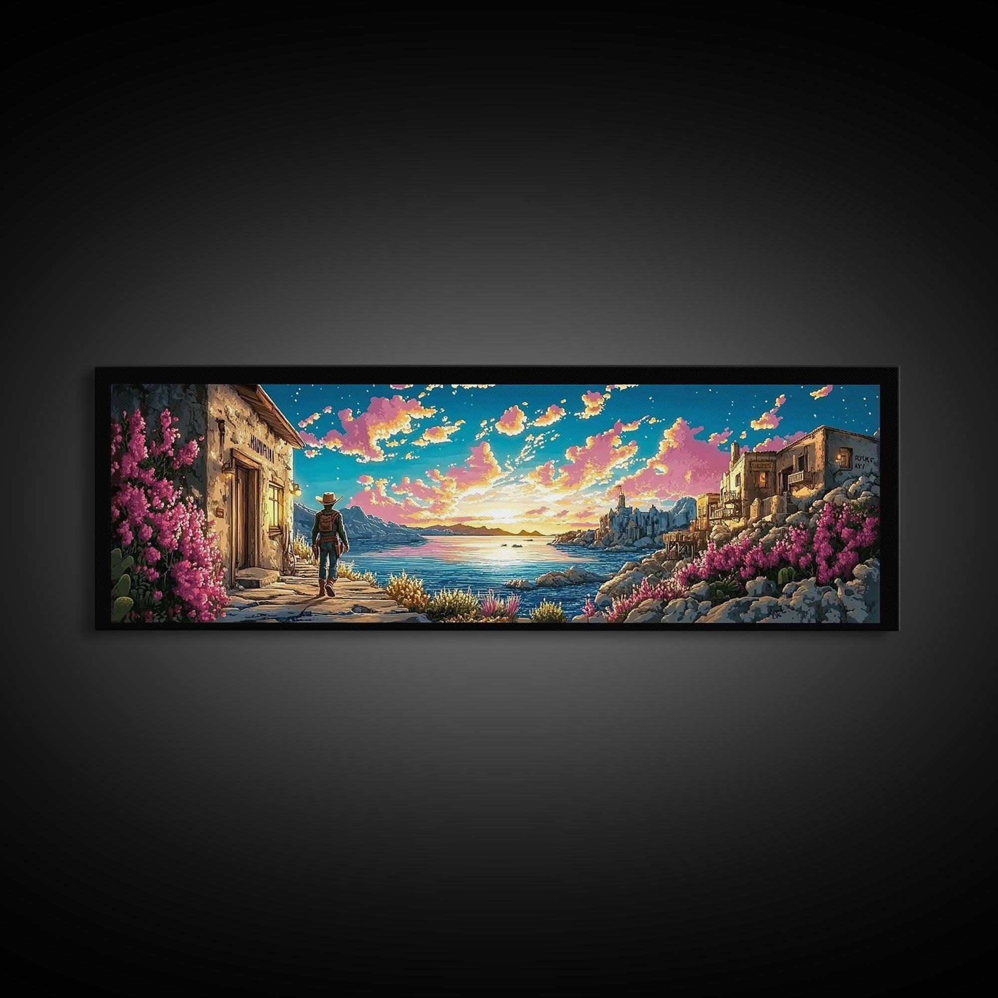 Cowboy Walking Through Coastal Village Wall Art, Mediterranean Seascape Print, Colorful Travel Poster, Living Room Decor