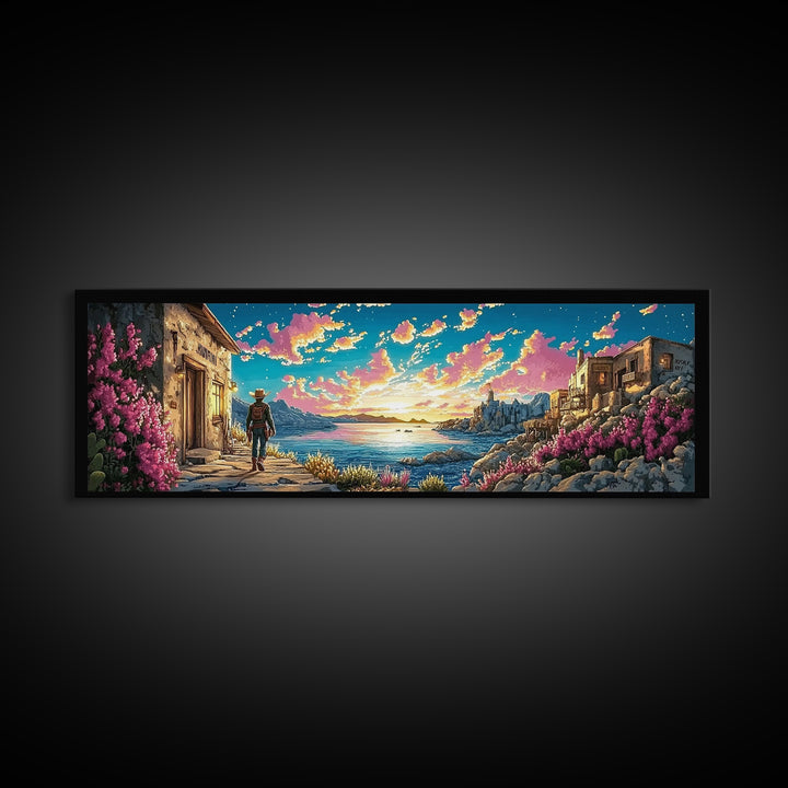 Cowboy Walking Through Coastal Village Wall Art, Mediterranean Seascape Print, Colorful Travel Poster, Living Room Decor