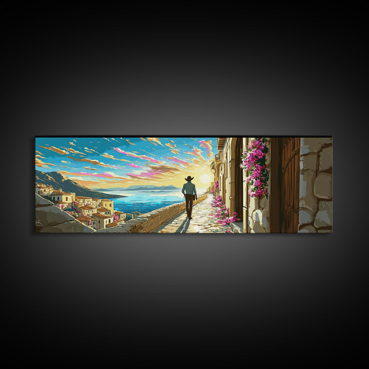 Sunlit Mediterranean Terrace Canvas Print, Coastal Village Wall Art, Italy Travel Poster, Beach House Living Room Decor Gift