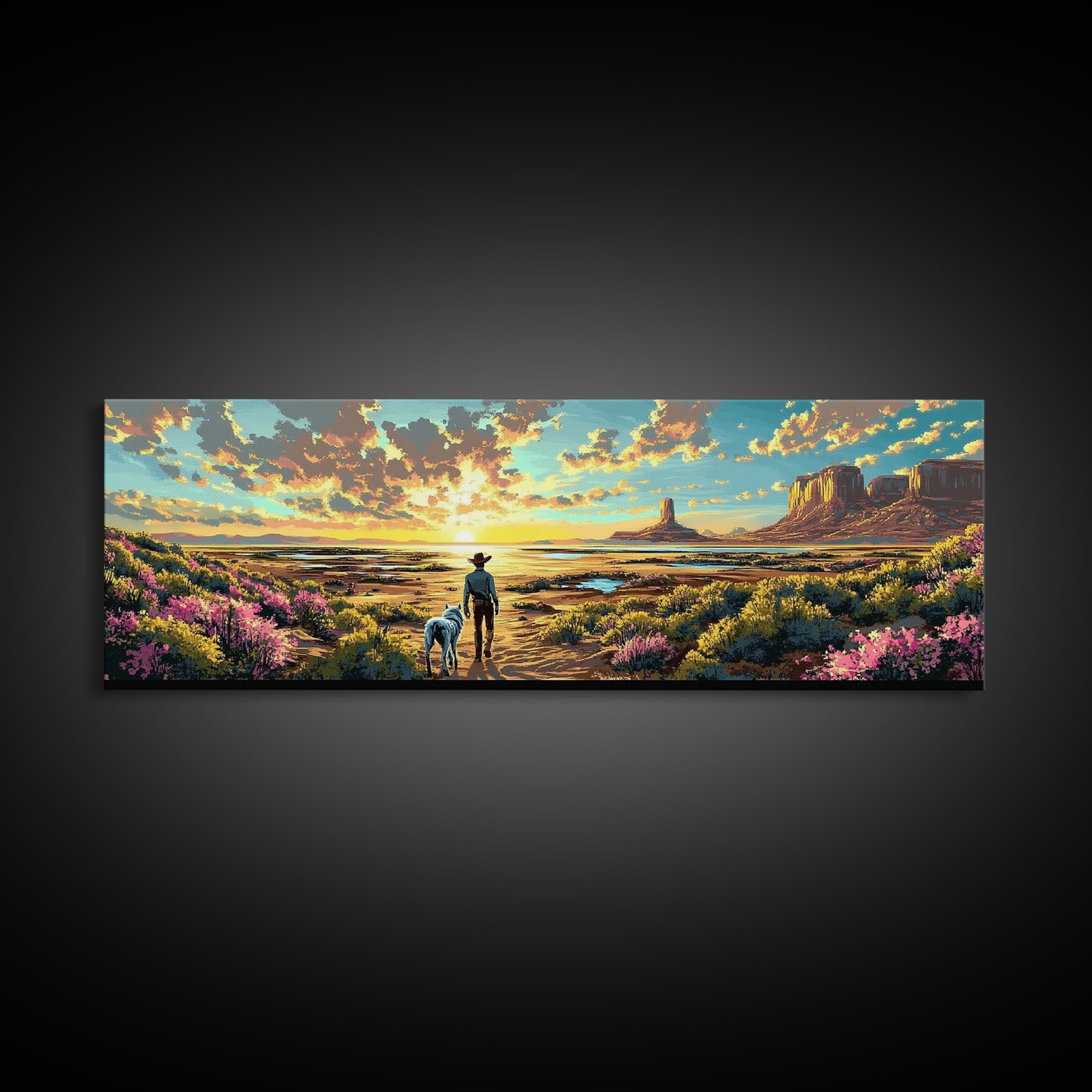 Cowboy And Dog Desert Sunset Framed Canvas Print, Western Landscape Art, Wildflower Wall Decor, Large Home Decor Gift Print