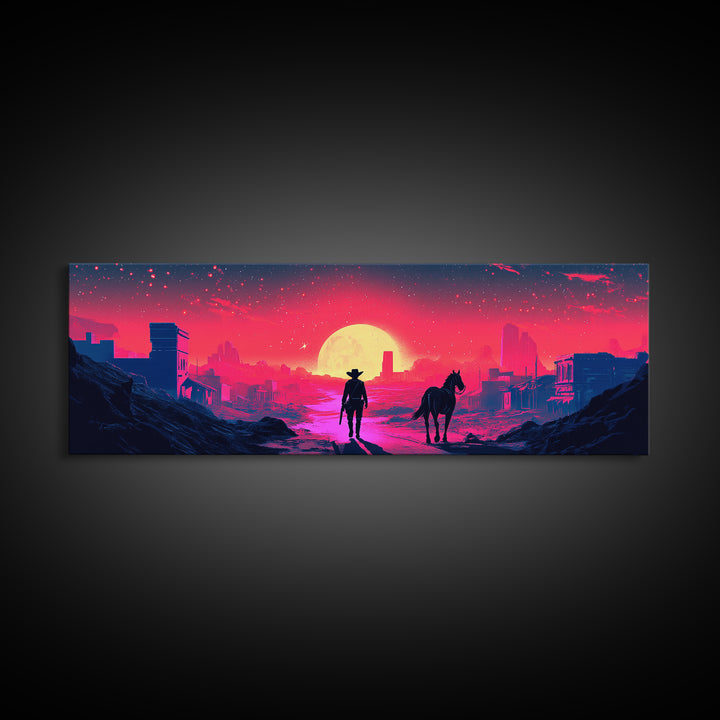 Neon Cowboy And Horse Dystopian City Wall Art, Cyberpunk Sunset Landscape, Sci Fi Poster, Large Gaming Room Decor Gift Print