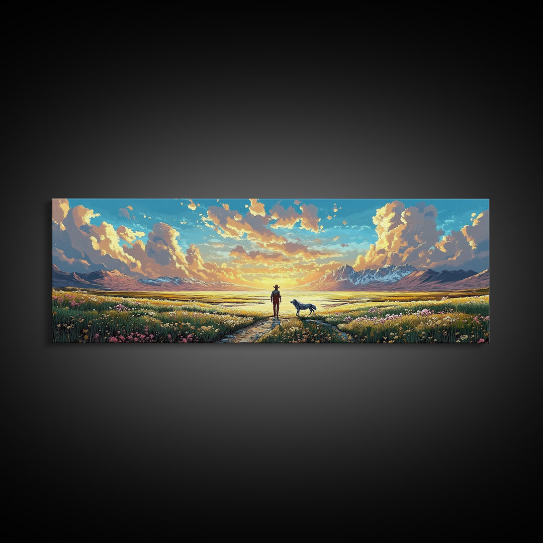 Lone Cowboy And Dog Wildflower Prairie Canvas Print, Mountain Landscape Wall Art, Western Home Decor, Housewarming Gift Print
