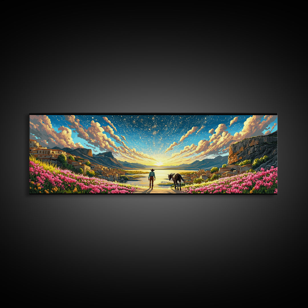 Starry Coastal Valley Rider Wall Art, Horse And Wildflower Landscape, Mediterranean Travel Poster, Large Living Room Decor