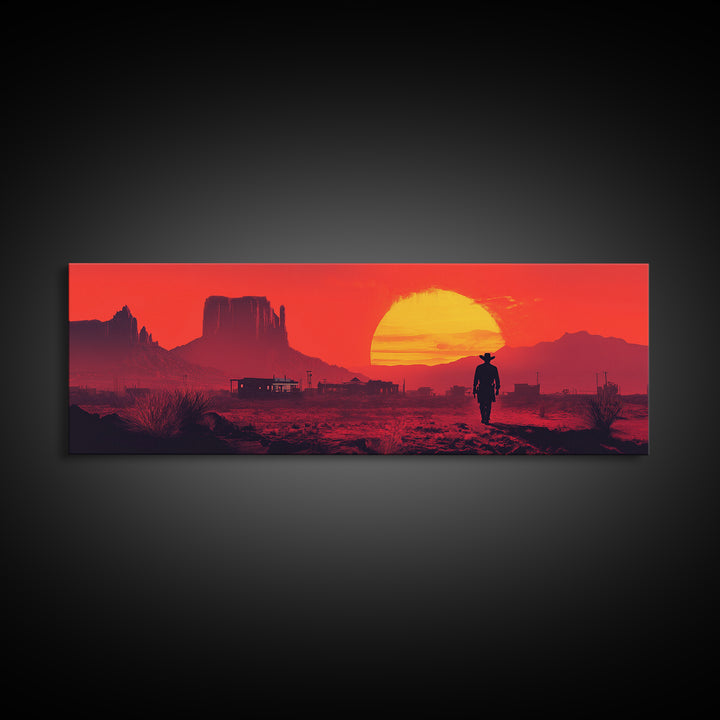 Red Western Cowboy Sunset Canvas Print, Desert Mesa Landscape Wall Art, Rustic Southwest Decor, Large Man Cave Gift Print