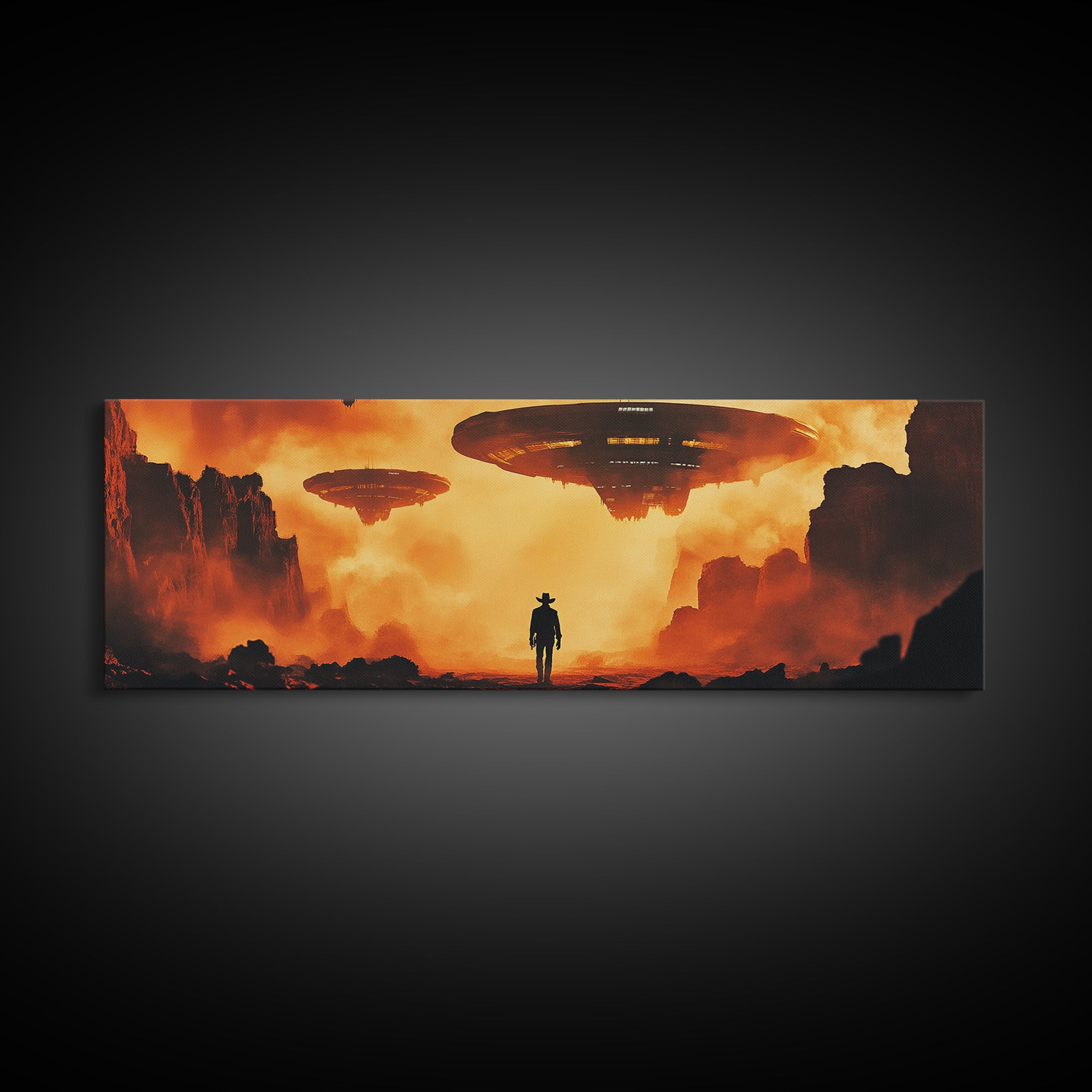 Cowboy Facing Giant UFOs Framed Canvas Print, Sci Fi Desert Canyon Wall Art, Dystopian Western Poster, Man Cave Decor Gift Print